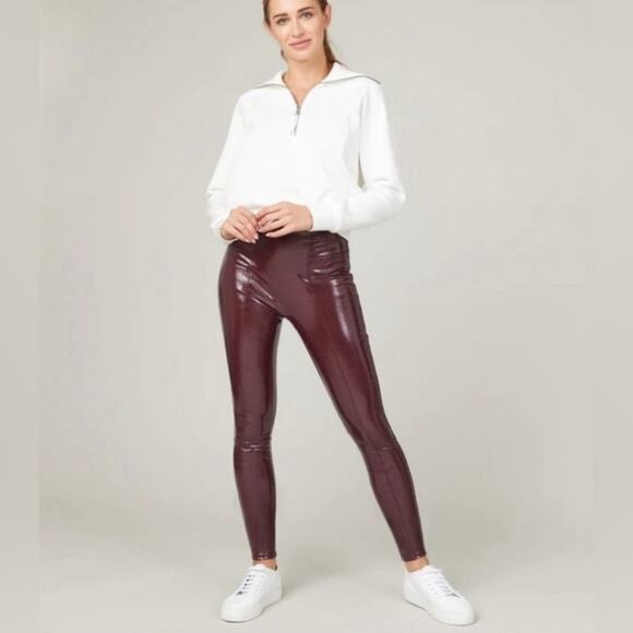 NEW SPANX SZ M RUBY RED LIQUID LEATHER FAUX LEATHER RED ANKLE LEGGINGS PANTS - Picture 2 of 5